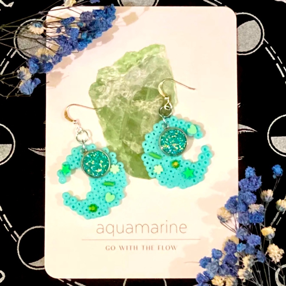Aquarius Moon Zodiac Earrings Handmade Aquamarine Color Kandi Earrings Festival